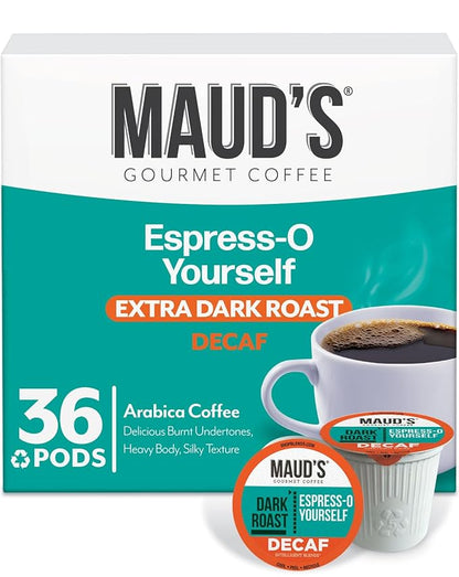 Maud's Decaf Espresso Roast Coffee Pods, 36 ct, Decaffeinated Dark Roast Recyclable Single Serve Pods – 100% Arabica Coffee, Compatible with Keurig K Cups Maker