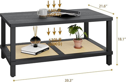 Rattan Coffee Table for Living Room,2-Tier Wooden Center Table with Hand Made Rattan Decorated,39.3 Inch Living Room Tbale with Rounded Corners,Boho Coffee Table,Easy Assembly Black LCT55BK