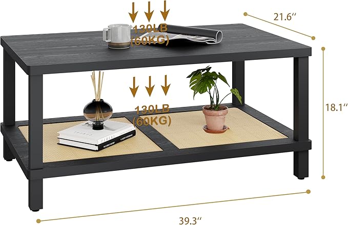 Rattan Coffee Table for Living Room,2-Tier Wooden Center Table with Hand Made Rattan Decorated,39.3 Inch Living Room Tbale with Rounded Corners,Boho Coffee Table,Easy Assembly Black LCT55BK