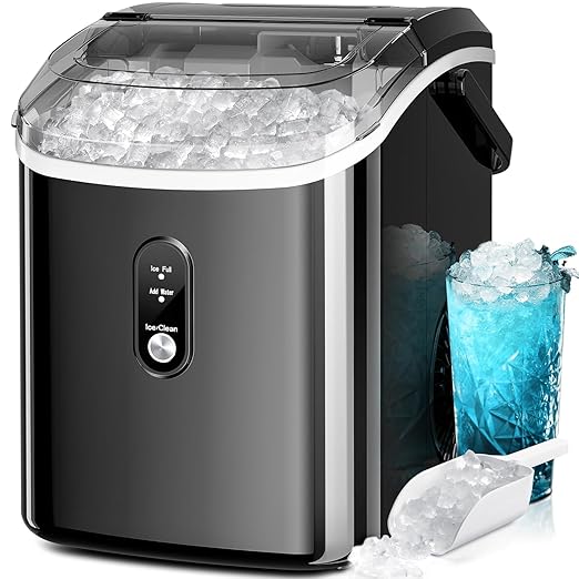 Kismile Nugget Ice Makers Countertop,35Lbs/24H,Portable Sonic Ice Machine with Self-Cleaning/One-Click Operation for Home/Office(Stainless Steels Black)