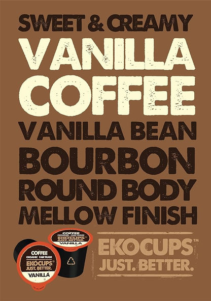 EKOCUPS Artisan Organic Vanilla Flavored Hot or Iced Coffee, Medium roast, in Recyclable Single Serve Cups for the Keurig K Cup Brew, 40 Count