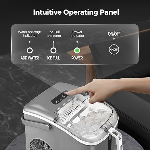 Crzoe Countertop Ice Maker Machine with Handle,26Lbs/24H,9 Cubes Ready in 6 Mins,Self-Cleaning Function with Ice Scoop and Basket for Home/Office(Grey)