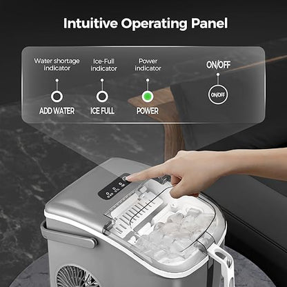 Crzoe Countertop Ice Maker Machine with Handle,26Lbs/24H,9 Cubes Ready in 6 Mins,Self-Cleaning Function with Ice Scoop and Basket for Home/Office(Grey)
