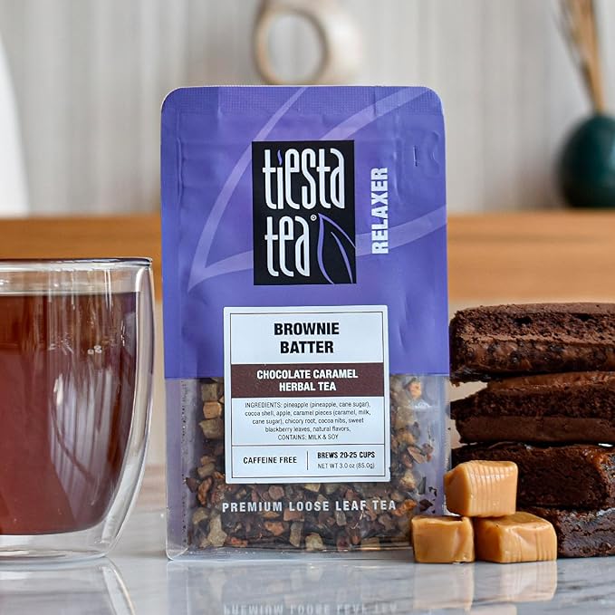 Tiesta Tea - Brownie Batter, Loose Leaf, Chocolate Caramel Herbal Tea, Non-Caffeinated Herbal Drink, Makes Hot or Iced Up to 20-25 Cups, 3oz Resealable Pouch