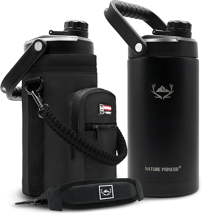 NATURE PIONEOR Insulated Water Bottles with Strap - 64 oz Stainless Steel Vacuum Wide Mouth Bottle with Holder/Carrier/Sleeve - 18/8 Food Grade 64oz Half Gallon Water Jug