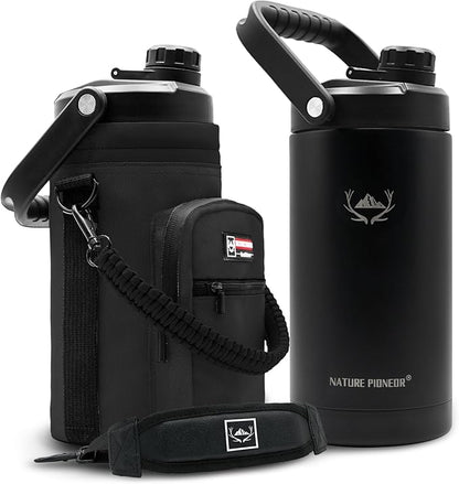 NATURE PIONEOR Insulated Water Bottles with Strap - 64 oz Stainless Steel Vacuum Wide Mouth Bottle with Holder/Carrier/Sleeve - 18/8 Food Grade 64oz Half Gallon Water Jug