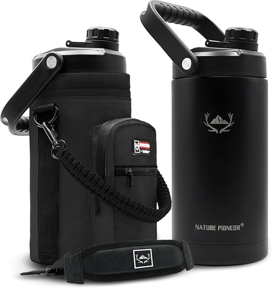 NATURE PIONEOR Insulated Water Bottles with Strap - 64 oz Stainless Steel Vacuum Wide Mouth Bottle with Holder/Carrier/Sleeve - 18/8 Food Grade 64oz Half Gallon Water Jug