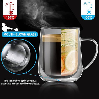 Joeyan Clear Double Walled Glass Coffee Mugs, Double Layer Tea Latte Cappuccino Cups with Handle, Double Lined Insulated High Borosilicate Glassware for Milk and Other Hot Beverages, 13.5 oz, Set of 2