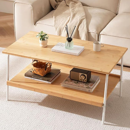 Coffee Table with 2 Tier Storage- Farmhouse Bamboo Coffee Tables, Mid Century Modern Center Table, Tea Tables for Living Room, Bedroom, Office, Patio (Natural)