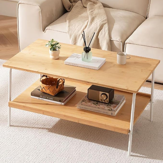 Coffee Table with 2 Tier Storage- Farmhouse Bamboo Coffee Tables, Mid Century Modern Center Table, Tea Tables for Living Room, Bedroom, Office, Patio (Natural)