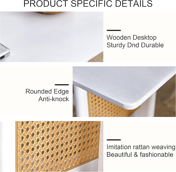 Mid Century Modern Wood Coffee Table with PE Rattan Stand, 47 Inch White Rectangular Solid Wood Boho Coffe Table, Unique Center Cocktail Table for Livinig Room Apartment Office