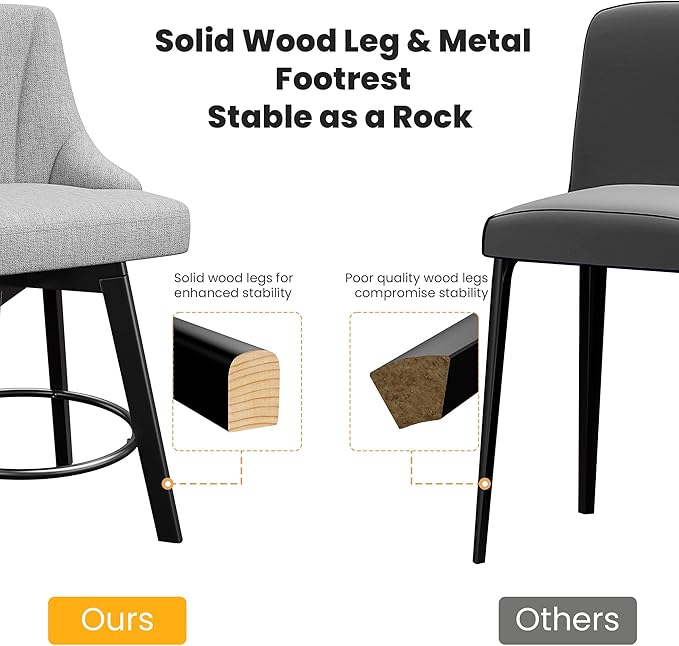 Swivel Bar Stools with Backs, 24" Counter Height Bar Stools Set of 2, Fabric Upholstered Counter Barstools with Solid Wood Legs for Kitchen Island, Home Bar, Light Gray