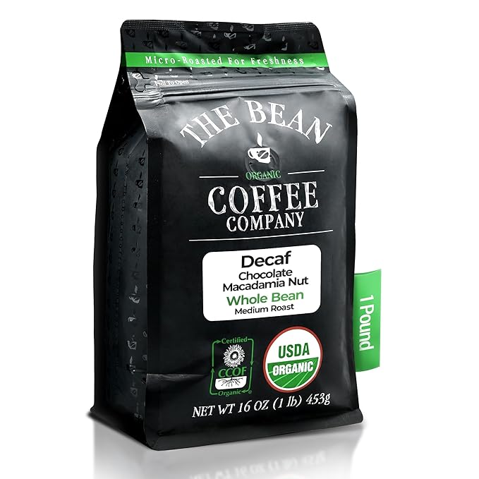 The Bean Organic Coffee Company Water Processed DECAF Chocolate Macadamia Nut, Medium Roast, Whole Bean Coffee, 16-Ounce Bag