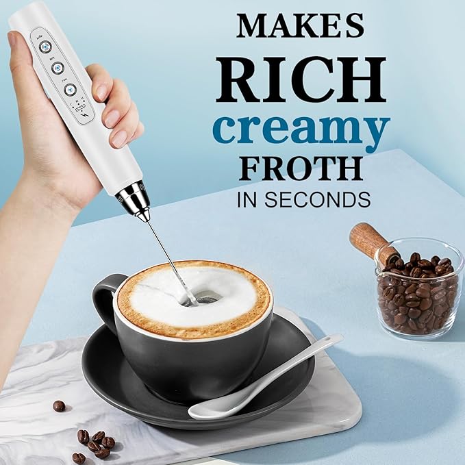 Milk Frother Handheld for Coffee, Electric Whisk 3 Speed Adjustable, Drink Mixer with Stainless 3 Whisks, Rechargeable Hand Frother Wand, Foam Maker for Latte Cappuccino Hot Chocolate Egg White