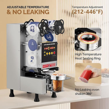 OlymStore Cup Sealing Machine Full Automatic, Electric Bubble Tea Machine, Cup Sealer Machine 500-650 Cups/H with Digital Control LCD Panel for Bubble Milk Tea Coffee, 88/89/90/95mm, Silver