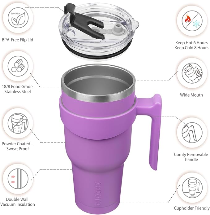 BJPKPK Tumbler With Handle 40 oz Stainless Steel Tumbler With Lid And Straw Insulated Coffee Cups,Lavender