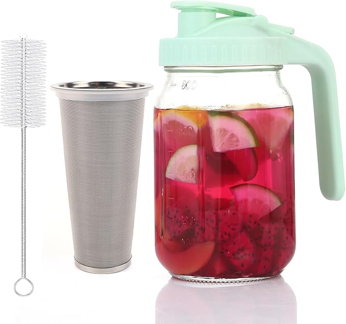 Fermus Cold Brew Coffee Maker, 32oz / 1Quart Glass Pitcher with Stainless Steel Filter and Pour Spout Handle Lid, Mason Jar for Making Cold Coffee, Fruit Drinks, Sun Tea (1, 32 Ounces)