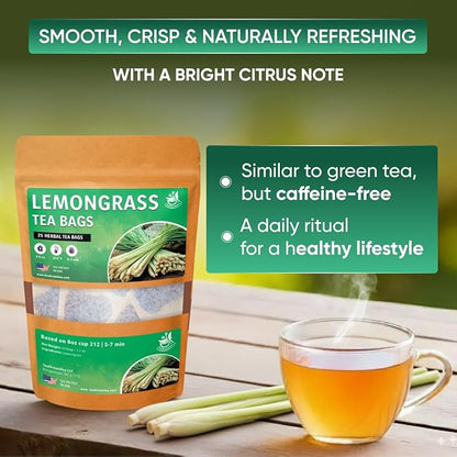 Lemongrass Tea Bags - 25 Bags (Premium Natural Pure Leaf Tea - 25 Count) Gluten-Free and Caffeine-Free Herbal tea for Relaxation, Wallness, Immune Support with Smooth Taste