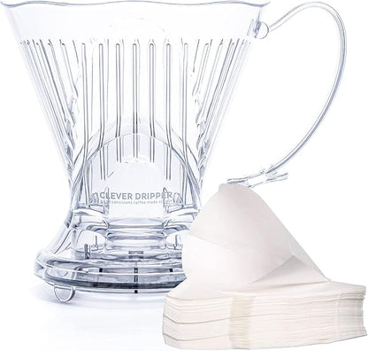 Clever Coffee Dripper and Filters, Large 18 oz, Original Classic Design, Safe BPA Free Plastic, dripper coffee maker, drip coffee maker pour over, 100 filters, coaster and lid, 18 oz (Clear)