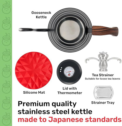 Japanese Gooseneck Kettle Stovetop with Thermometer and Insulated Handle (4-piece, 40.6 oz /1200ml), Stainless Steel Pour Over Tea Stovetop Kettle, Precision Pour Kettles Pot for Coffee & Tea (Black)