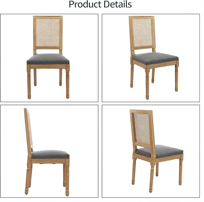 French Country Dining Chairs Set of 2, Grey Modern Kitchen & Dining Room Chairs, Rattan Dining Chair with Linen Upholstered Cushion, High Cane Back, Wood Legs, Sillas de Comedor (Gray, 2 Pcs)