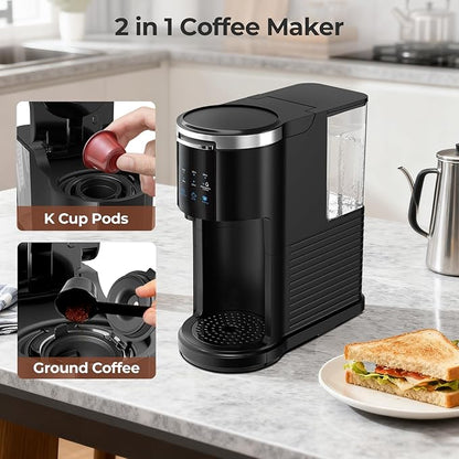 Single Serve Coffee Maker for 2 in 1 K Cup Pods & Ground Coffee,6 to 14 Oz Brew Sizes,40oz Removable Water Tank,Compact Portable Coffee Machine for Home,Black