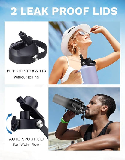 32 OZ Insulated Water Bottle Tumbler - with Straw & Spout Lid, Paracord Handle, Stap Carrying Case, Cold-48H & Hot-24H, Stainless Steel Tumblers with Handle, Slim Water Bottle that Fits in Cup Holder