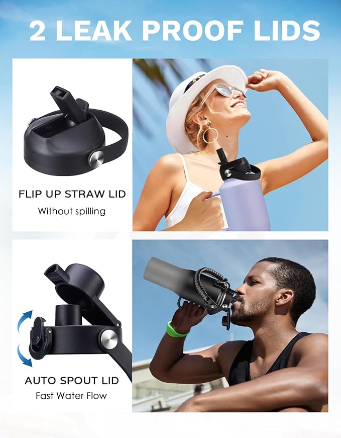 32oz 40oz Insulated Water Bottle with Handle, Leakproof Straw Lid, Pop-up Chug Lid, Paracord Handle and Storage Carrier Bag, Keep Cold 48h & Hot 24h, Slim Travel Tumbler Fit in Car Cup Holder