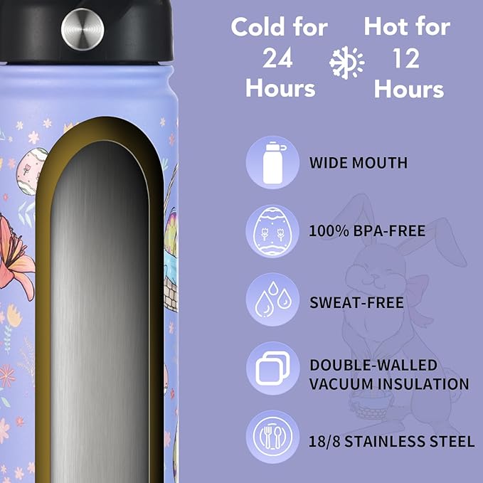 mininoo Water Bottle with Straw Lid, 24 oz Insulated Stainless Steel Double Wall Vacuum, Gifts, Cute Bunny & Egg(Lavender)