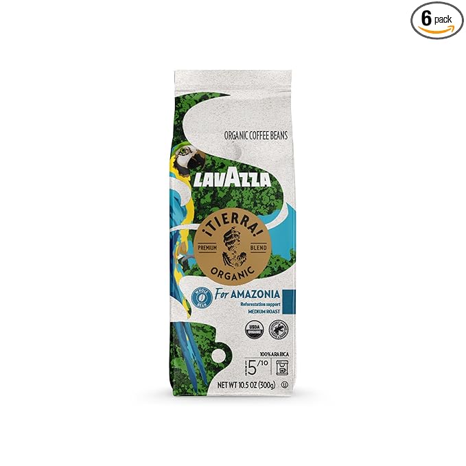 Lavazza ¡Tierra for Amazonia Whole Bean Coffee, Medium Roast, 100% Arabica, 10.5 oz Bag (pack of 6)