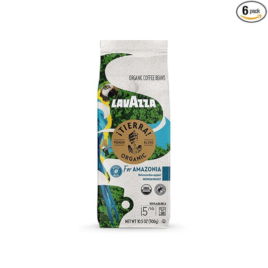 Lavazza ¡Tierra for Amazonia Whole Bean Coffee, Medium Roast, 100% Arabica, 10.5 oz Bag (pack of 6)