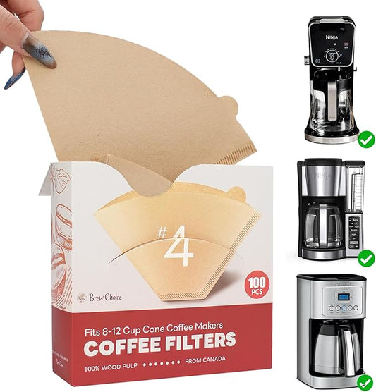 Disposable Coffee Filters #4 100 Pcs, Unbleached Cone Coffee Filters for Ninja Coffee Maker and Cuisinart Coffee Maker, 8-12 Cup
