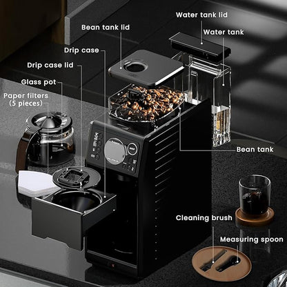 Programmable 5 Cup Coffee Maker with Grinder Built In, Automatic Drip Coffee Machine with Timer, Removable Tank, 22 oz Glass Carafe and Hot Plate, for Home Dorm and Office, Matt Black