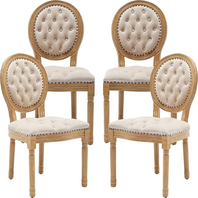 French Country Dining Chairs Set of 4, Beige Velvet Upholstered Dining Chairs, Tufted Back, Solid Wood Legs, Farmhouse Kitchen & Dining Room Chairs, Sillas De Comedor (Beige, 4Pcs)