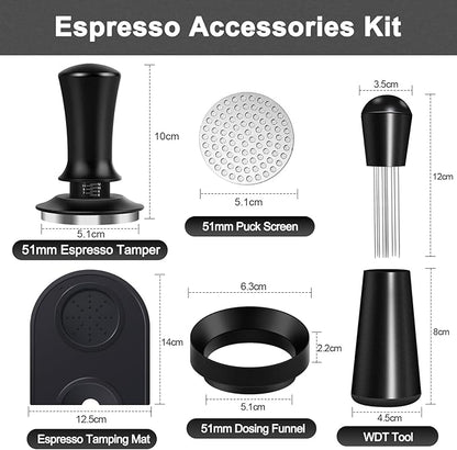 Espresso Accessories Kit 51mm, Coffee Tamper Set with Espresso Tamper, WDT Tool, Espresso Tamper Mat, Espresso Dosing Funnel, Puck Screen, Espresso Tools for 51mm Coffee Machine Accessories