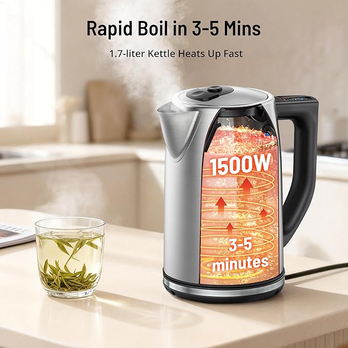 Electric Kettle Temperature Control, 1.7L Stainless Steel Tea Kettle, BPA-Free Hot Water Boiler with LED Light,1500 Watts for Fast Heat Up, Auto Shut-Off, Boil-Dry Protection, Keeping Warm
