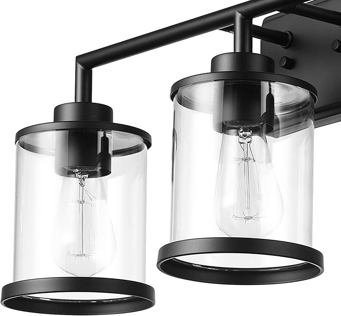 GLOBE Electric 52059 Harlow 5-Piece All-in-One Bathroom Set, Matte Black, 3-Light Vanity Light with Clear Glass Shades, Towel Bar, Toilet Paper Holder, Towel Ring, Robe Hook