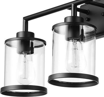 GLOBE Electric 52059 Harlow 5-Piece All-in-One Bathroom Set, Matte Black, 3-Light Vanity Light with Clear Glass Shades, Towel Bar, Toilet Paper Holder, Towel Ring, Robe Hook