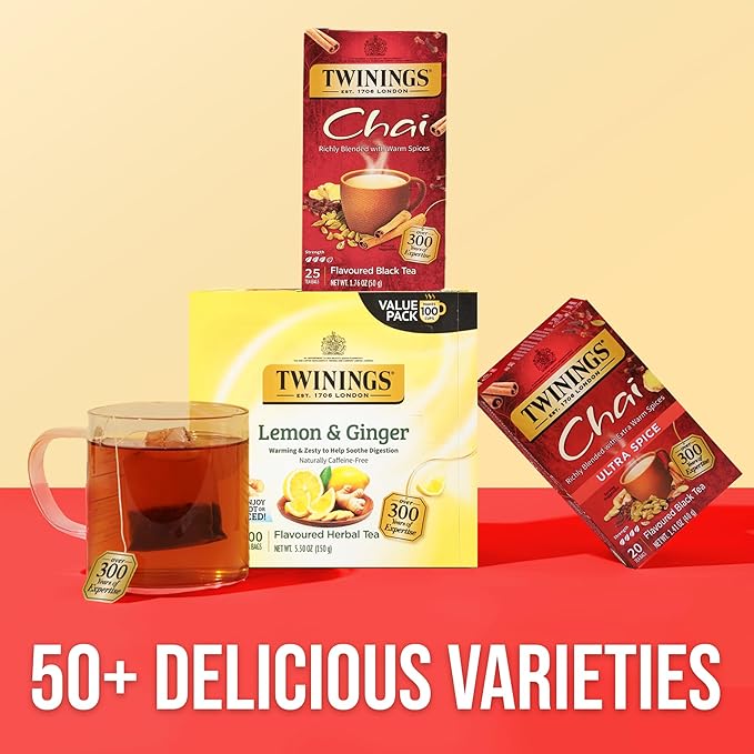 Twinings Chai Black Tea Individually Wrapped Bags, 25 Count (Pack of 6), Sweet, Savoury Spices, Caffeinated, Enjoy Hot or Iced, 150 Teabags