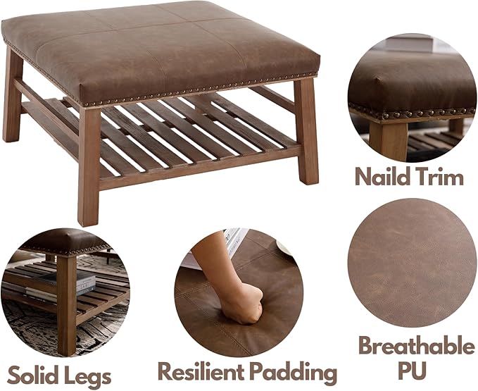 Kmax 32-Inch Dark Brown Faux Leather Coffee Table Large Square Ottoman Foot Rest Stool Upholstered Coffee Table with Wooden Shelf Storage for Living Room Office