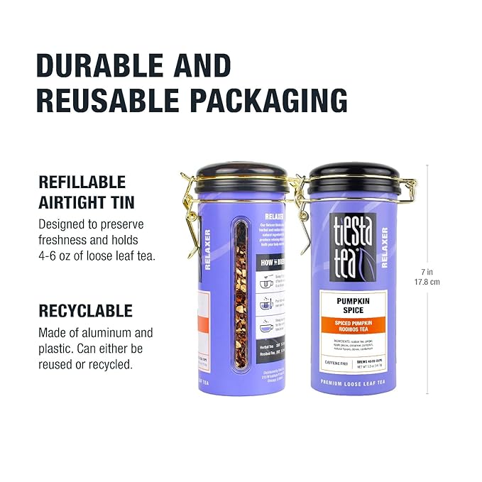 Tiesta Tea - Pumpkin Spice Rooibos Loose Leaf Tea, Premium Caffeine-Free Herbal Infusion, Refillable Tin Can, Brew Hot or Iced, Makes up to 50 Cups, 5 Ounce