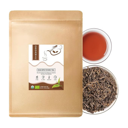 KHS Organic Pu Erh Tea Grade A, 16 Oz USDA Certified Aged Fermented Organic Ripe Puerh Tea Loose Leaf, No Dust Production Workshop, Chinese Yunnan Ancient Tree Puer Tea Perfect for Hot Brew