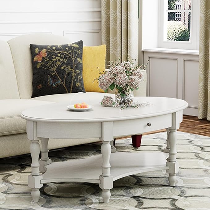 Solid Wood Oval Coffee Table with Drawer and Storage Shelf, 44.9" Traditional Retro Center Table Polished Edging Cocktail Tea Table for Living Room Bedroom Home, Antique White