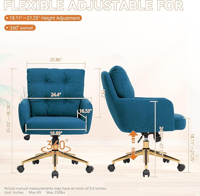 Flannel Office Chair, Comfy Home Office Desk Chairs with Lumbar Support, Modern Velvet Desk Chair Gold Legs Small Swivel Task Chair for Home Office, Bedroom, Study (Blue, L)