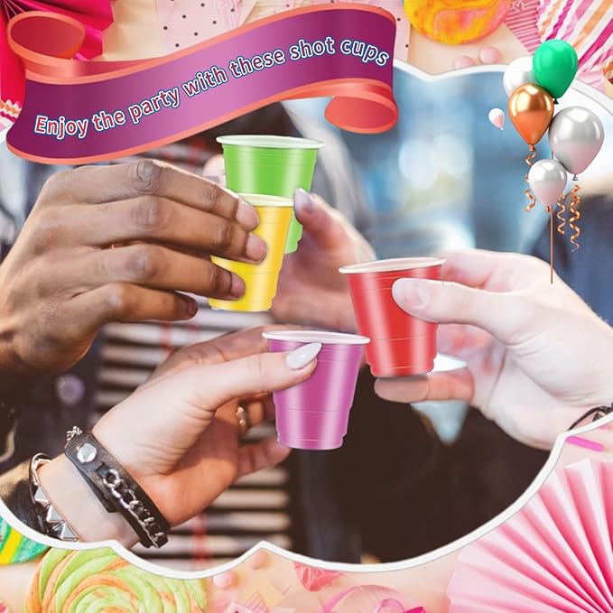 100 Pack 2 oz Plastic Shot Cups, Mini Disposable Shot Glasses, 2 oz Party Mini Cups for Bachelorette Party, Birthday, Parties Favor, Baby Shower Supplies (Multi Colors)