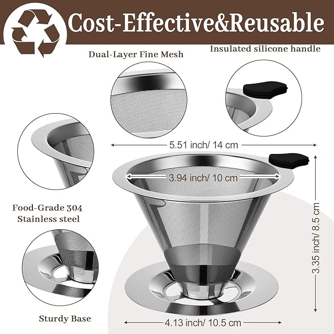 Pour Over Coffee Maker Set Stainless Steel Reusable Pour Over Coffee Dripper Paper Filters and Mug with 100 Pcs Disposable Natural Paper Filters for 1-2 Cup for Cafe Restaurant Home Office