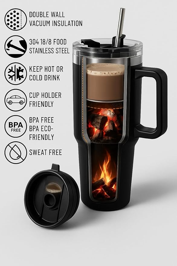 40oz Black Stainless Steel Tumbler with Handle & Straw Lid – Insulated Travel Mug for Hot & Cold Drinks – Gift for Men & Women – Durable Leak-Proof Reusable Cup, Cupholder Friendly