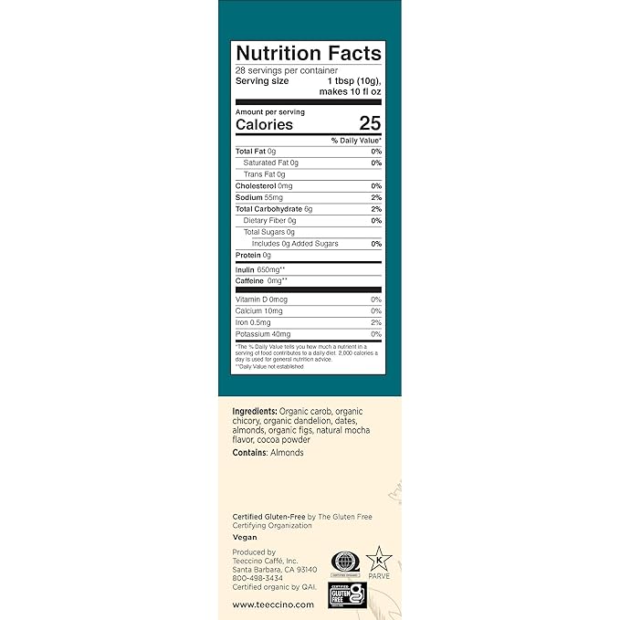 Teeccino Dandelion Mocha Herbal Coffee - Caffeine-Free Coffee Alternative with Prebiotics, Gluten Free, Acid Free - Medium Roast, 10 oz