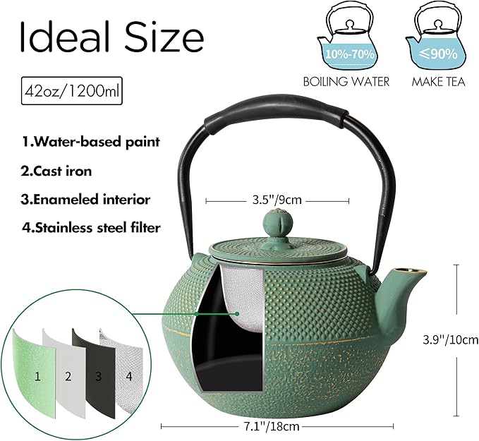 Cast iron Teapot, Tea Kettle for Stovetop Safe with Stainless Steel Infuser, Japanese Hand-made Tea Pot Coated with Enameled Interior for 42oz, 1200ml Green