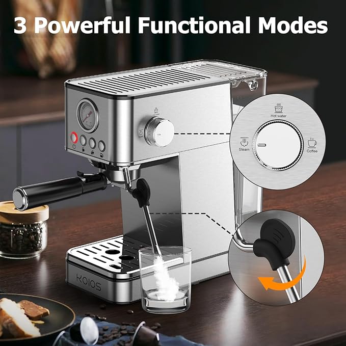 KOIOS Espresso Machines, Upgraded 1200W Espresso Maker with Foaming Steam Wand, 20 Bar Semi-Automatic Steam Espresso Coffee Maker for home, Cappuccino & Latte Machine with 58oz Removable Water Tank